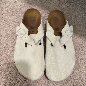 White Suede Slip-On Sandals